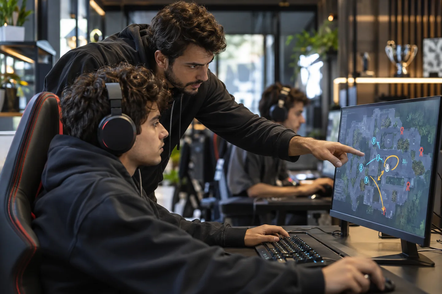 Treinador a acompanhar uma decisão no computador